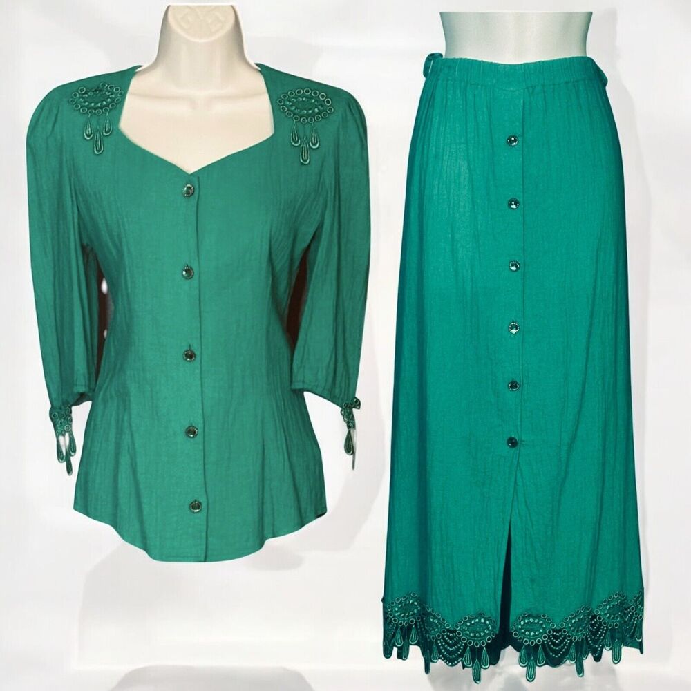 Vintage 80s Lilia Smith XS Maxi Skirt & Top Green Button Up Retro Wild West Glam